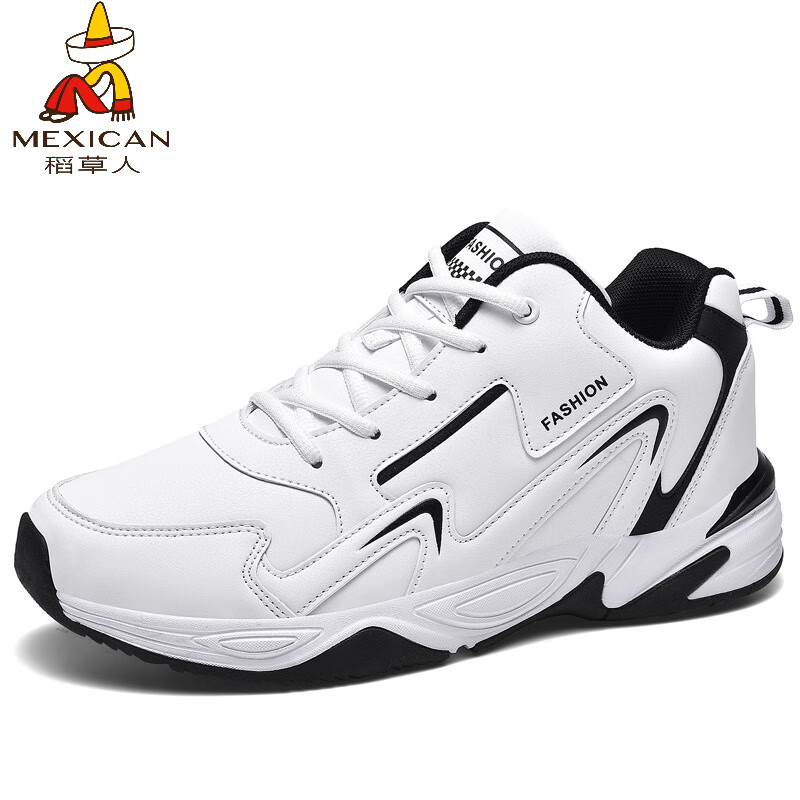 稻草人（MEXICAN）秋冬季男鞋45大码运动鞋46加宽47加大48旅游鞋皮面防滑黑色跑步鞋 1白色 皮面 45