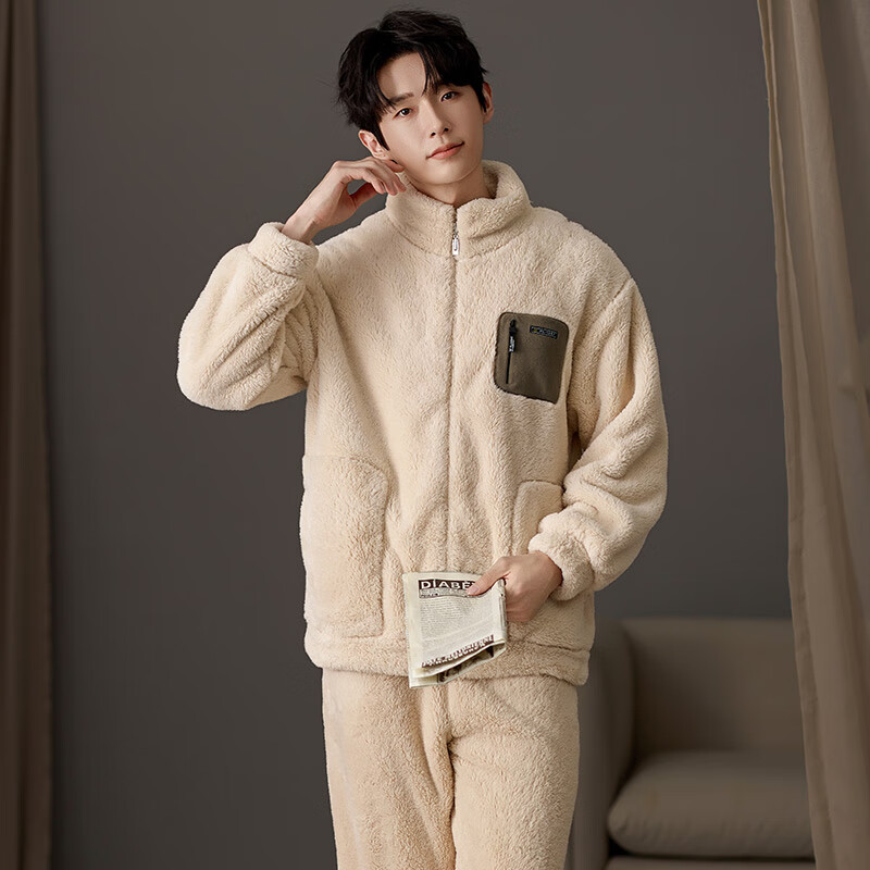 猫人【立领拉链可外穿】男士睡衣男冬季情侣睡衣羊羔绒家居服2025新品 米杏色 女款 M 【建议体重80-100斤】