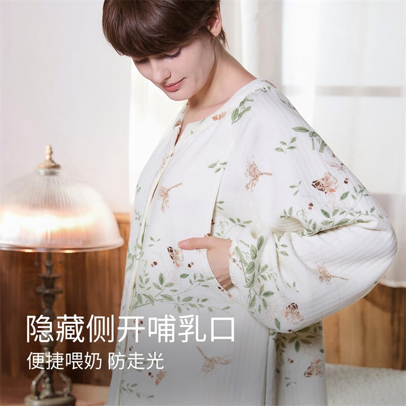ROVO纯棉孕妇月子服睡衣产后哺乳100%纯棉开衫套装喂奶专用居家服 木槿花【秋冬款  适用于0℃-17℃】 L（适合于120-140斤）