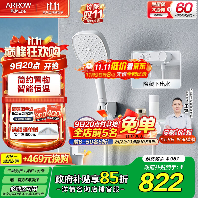 箭牌（ARROW）双功能淋浴花洒套装置物平台分体式淋浴花洒增压喷头F300简易花洒 F300哑光白AE3252恒温分体置物款