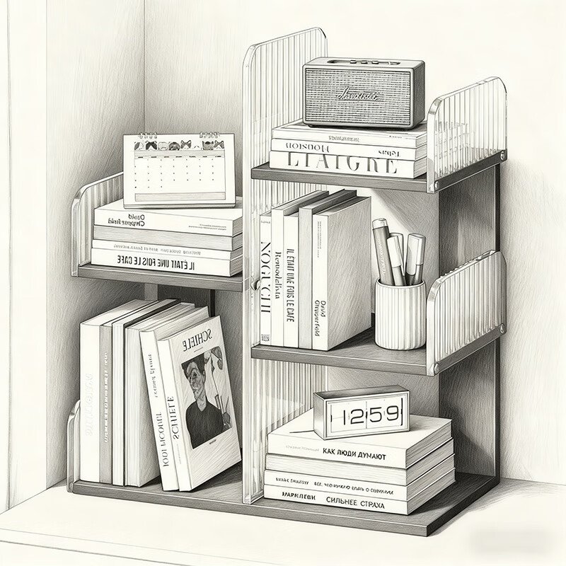 尔思家桌面置物架办公室书柜家用客厅简易书架书立多层储物柜桌上收纳架 黑色板-波纹款