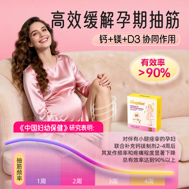 KINGSLAC【临期】撑腰钙胶原蛋白肽600mg液体钙镁锌条400IUD3女性成人钙 孕妇钙18ml 21条*1盒