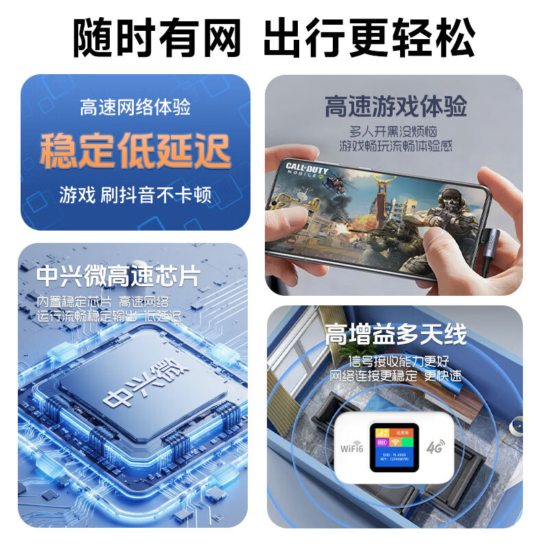 怀光长纵新款彩屏4G随身wifi6国产新一代中兴微V3T芯片免插卡无线路由器移动热点3000mAh大电池上网神器 最新中兴微V3T芯片（含1000G半年套餐）
