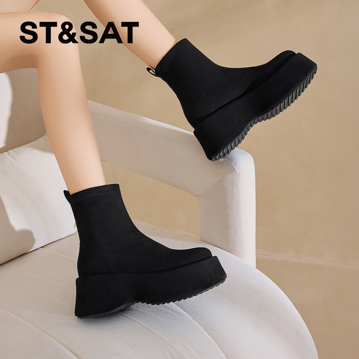星期六（St&Sat）复古短烟筒瘦瘦靴女新款秋冬加绒增高厚底小个子机车袜靴潮 黑色【加绒款】 39
