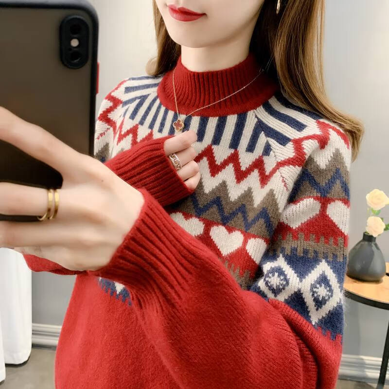 香影芬2025新款半高领复古毛衣女秋冬洋气条纹针织打底上衣宽松洋气女装 卡其色 S (建议95-105斤)