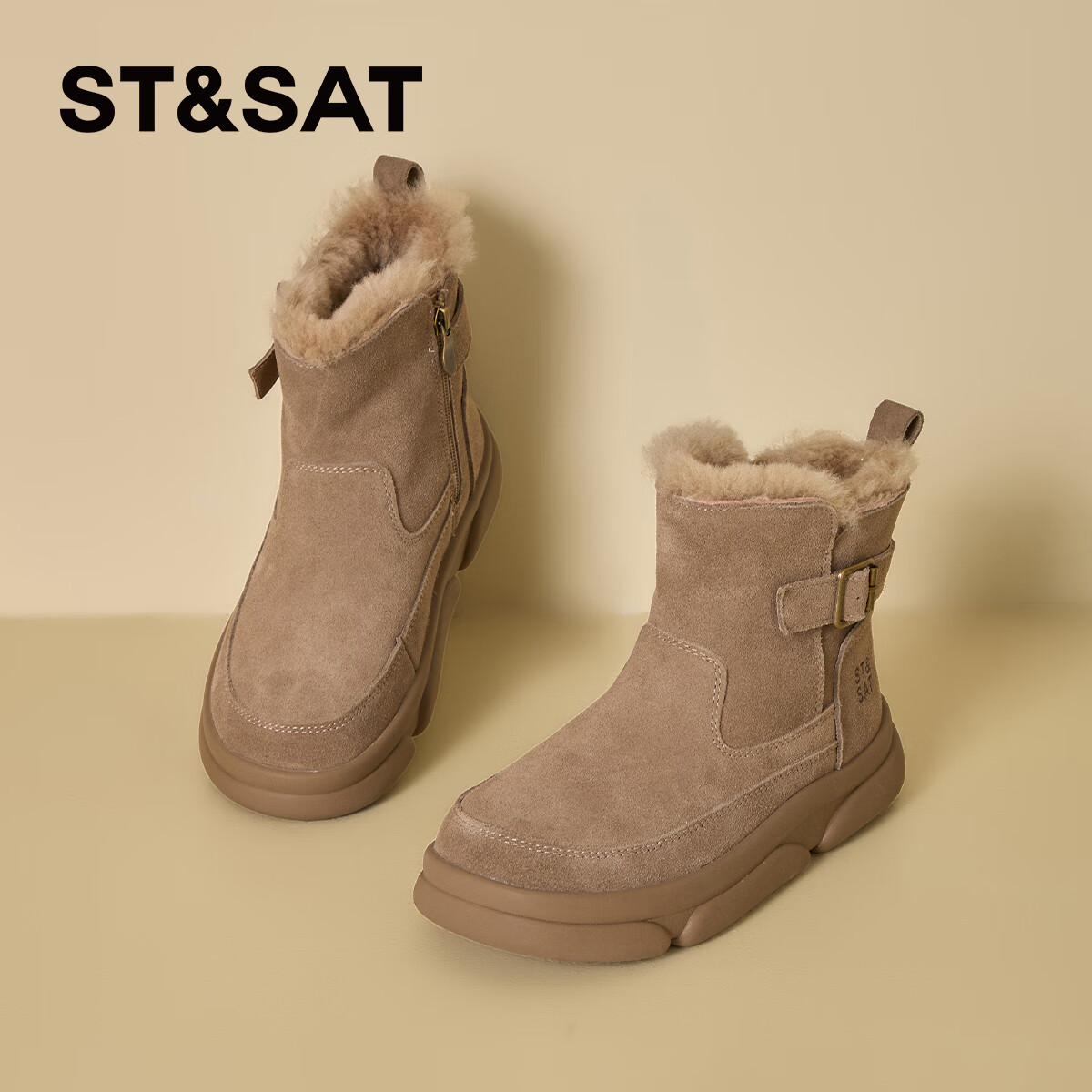 星期六厚底雪地靴女款2025新款冬季真皮羊毛棉鞋子加绒加厚保暖毛毛短靴 杏色【加绒】 【真皮羊毛】跟高3.5cm 38