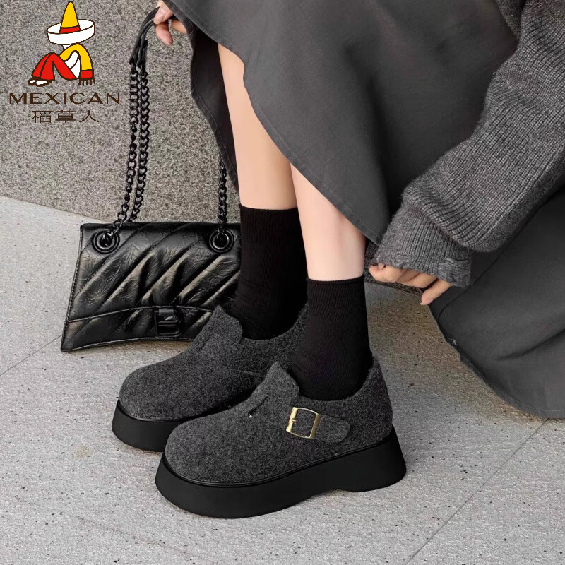 稻草人（MEXICAN）厚底毛呢勃肯鞋女2026冬季新款加绒松糕复古百搭爆款一脚蹬单鞋 深灰色 35