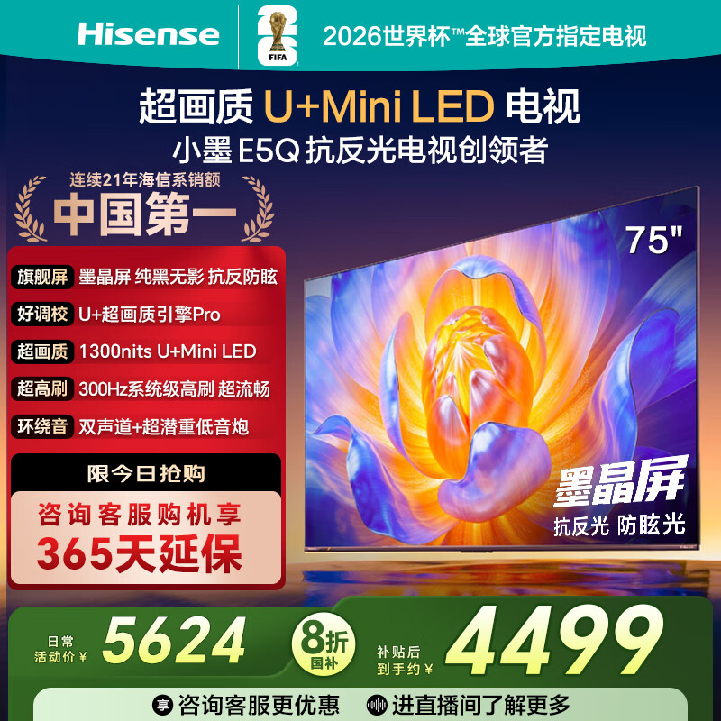 海信电视E5Q 75英寸 抗反光防眩光墨晶屏 U+Mini LED 300Hz高刷 U+超画质引擎Pro 国家补贴 75E5Q 75英寸