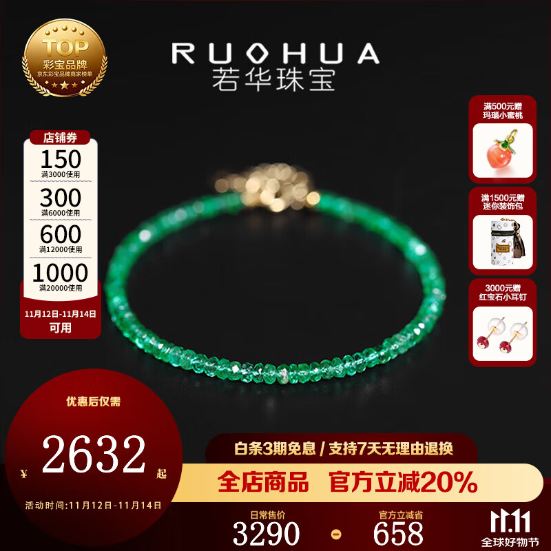 若华（RUOHUA）明月 赞比亚祖母绿手链手串女18K金宝石手饰生日礼物送女友 3-3.5mm【16-19cm】