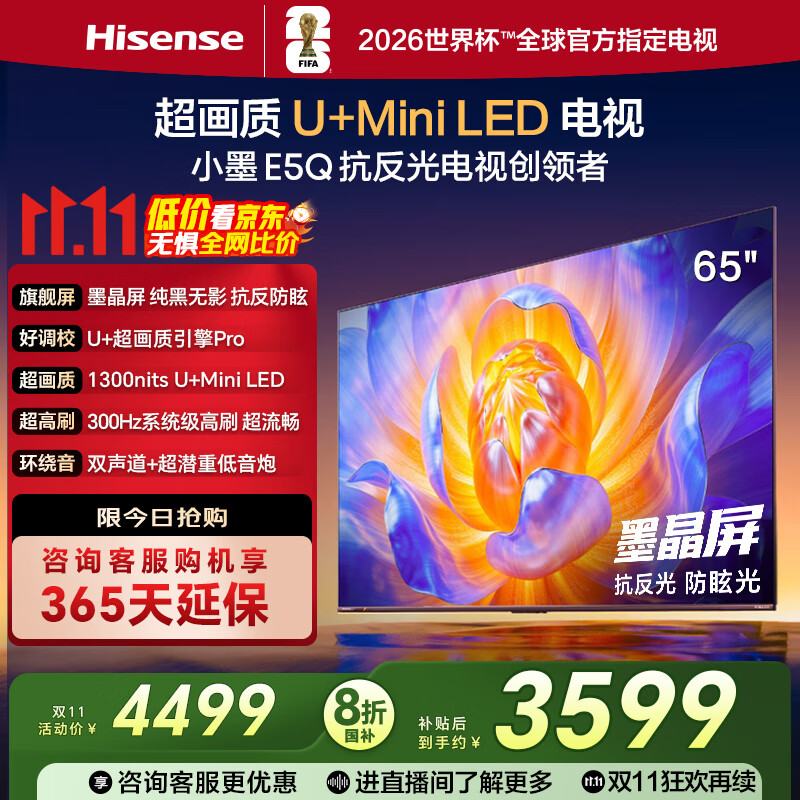 海信电视E5Q 65英寸 超画质U+Mini LED 墨晶屏 300Hz高刷 U+超画质引擎Pro AI智能 国家补贴 65E5Q