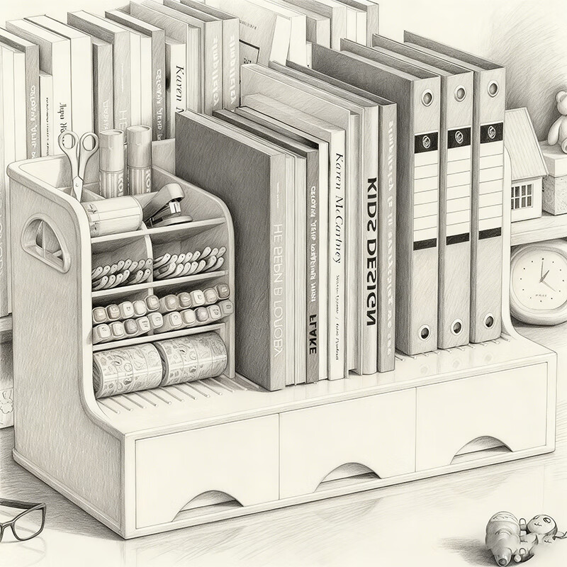 尔思家桌面多功能书立收纳架书本收纳盒笔筒学生书桌书立书架抽屉置物架 白色