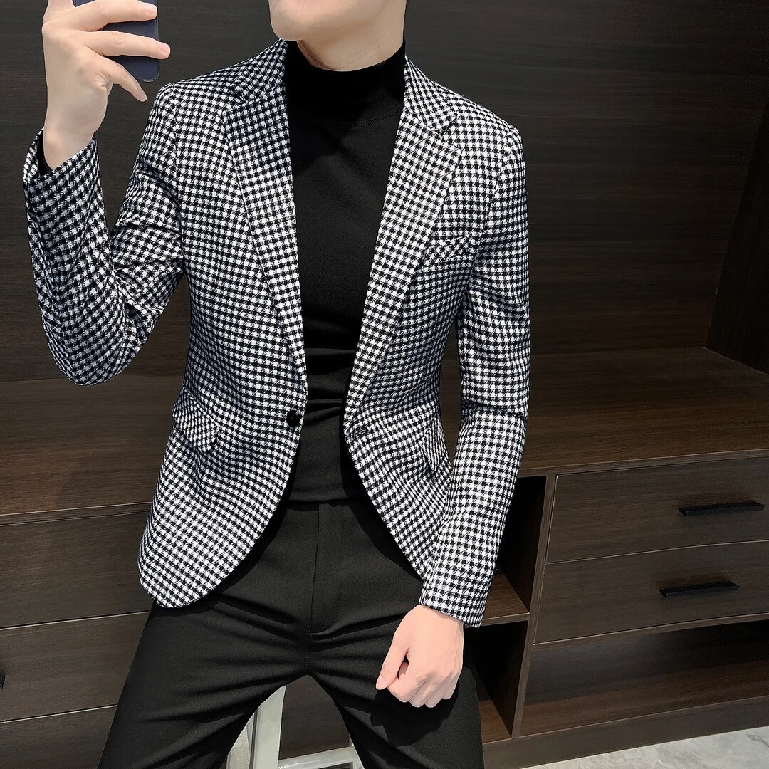 【高档轻奢】休闲西装外套爆款2025新款英伦雅痞男装小西服上衣 黑白格 3XL (建议145-160斤)