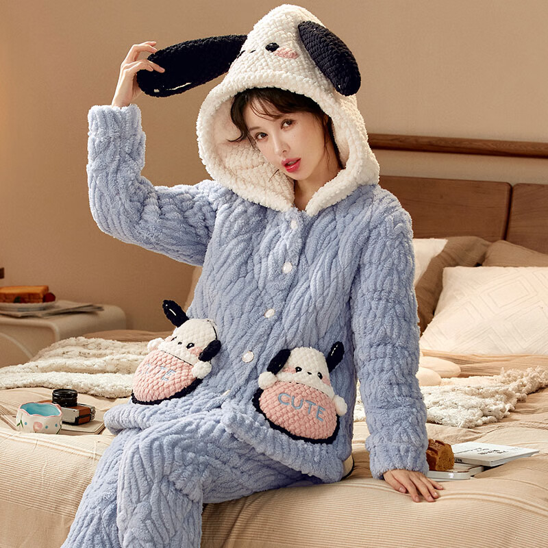 chunnian女士睡衣女冬季保暖珊瑚绒加厚加绒三层夹棉法兰绒带帽家居服套装 XEQN-2385【外套+裤子】 L