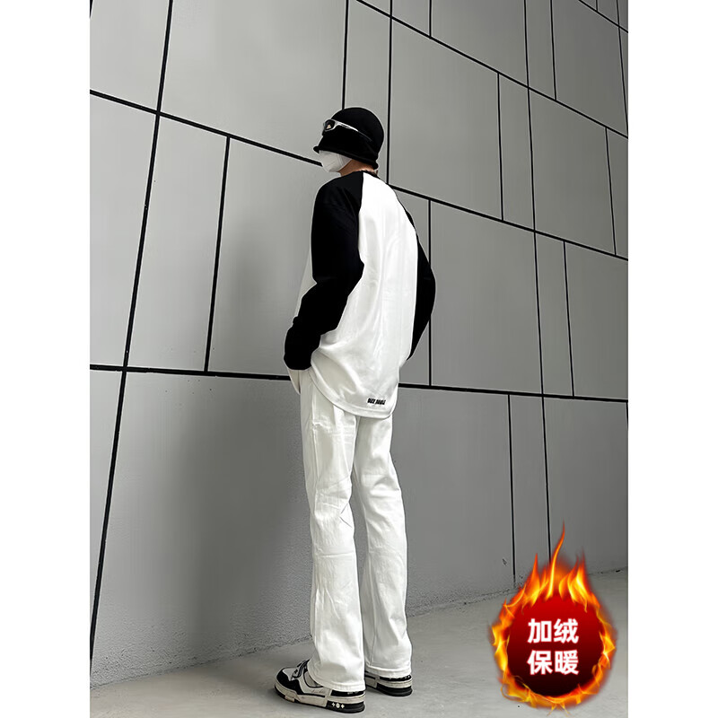 黑盒白秋季裤子男潮牌美式vibe高街微喇牛仔裤男款修身直筒休闲裤男装 白色 加绒 XL 【建议130-145斤】