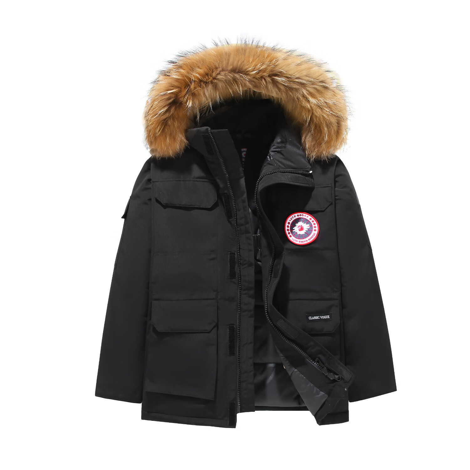 LUCK SWAN GODSE极寒羽绒服男中长款派克服女士户外运动工装大衣加厚保暖棉服外套 黑色-加拿大08远征大鹅风格 高绒加厚款 XL 【建议体重：120-140斤】-情侣同款