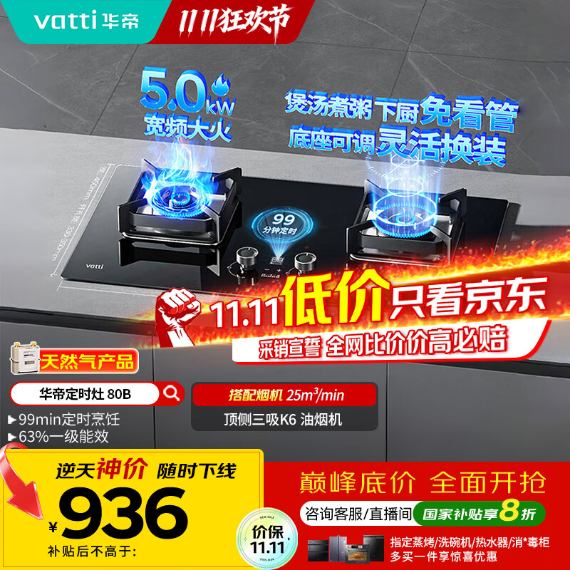 华帝（VATTI）国家政府补贴定时燃气灶天然气嵌入式5.0kW大火力猛火煤气灶双灶台灶具i10080B【天然气产品】