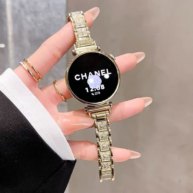 适用华为gt6手表表带GT5pro金属18mm闪钻轻奢满天星gt4表配件41mm手watch5/4pro女GT3腕带透气夏 金色锌合金三株闪钻 华为 GT4/GT5/GT6【41mm】