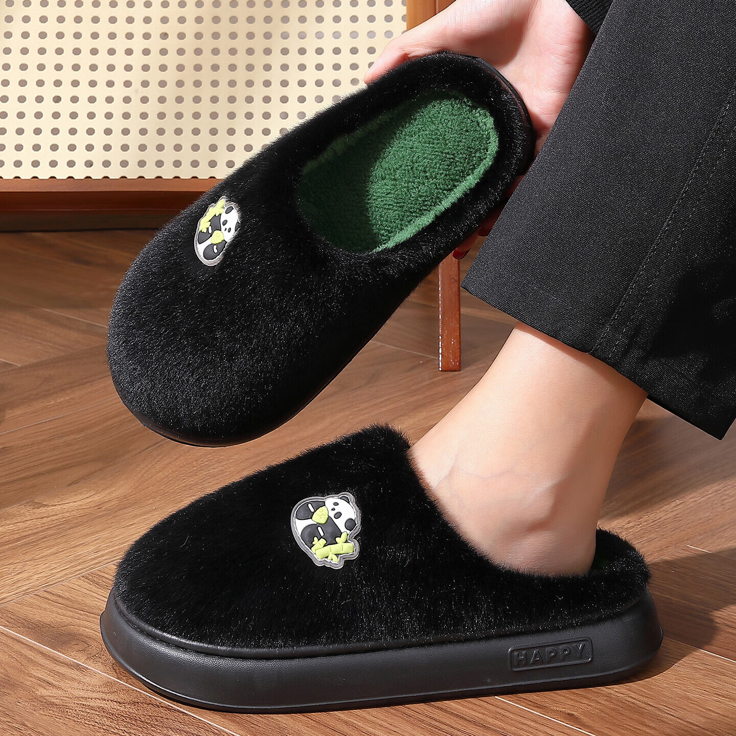 FZT熊猫棉拖鞋男士冬季2025新款室内家居加绒保暖厚底耐磨卡通棉拖女 黑绿 40-41 标准码