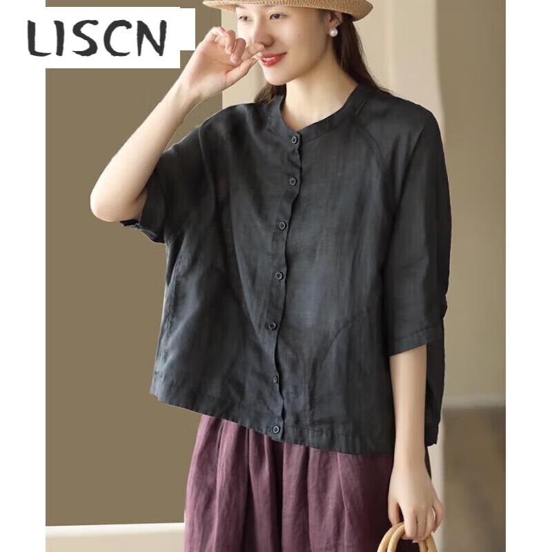 LISCN文藝純色棉麻短袖襯衫女夏外搭輕薄透氣寬松休閑圓領(lǐng)開衫亞麻上衣 黑色 M 90-115斤