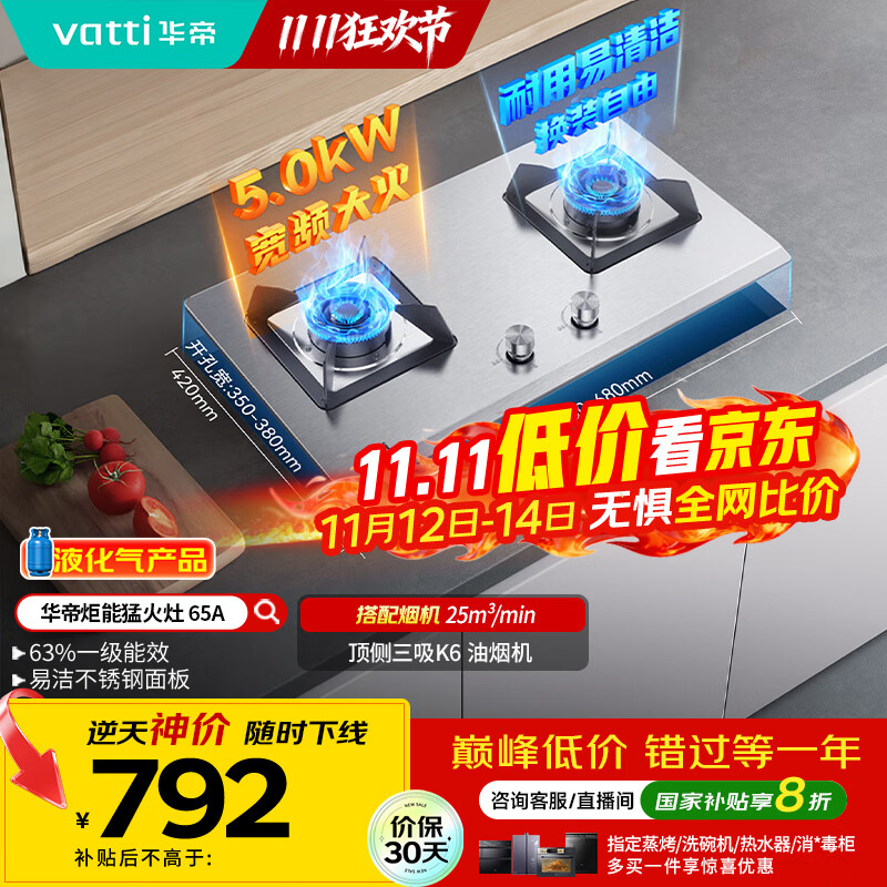 华帝（VATTI）【液化气商品】国家补贴20%燃气灶家用嵌入式不锈钢煤气灶5.0kW双灶台灶具以旧换新i10065A