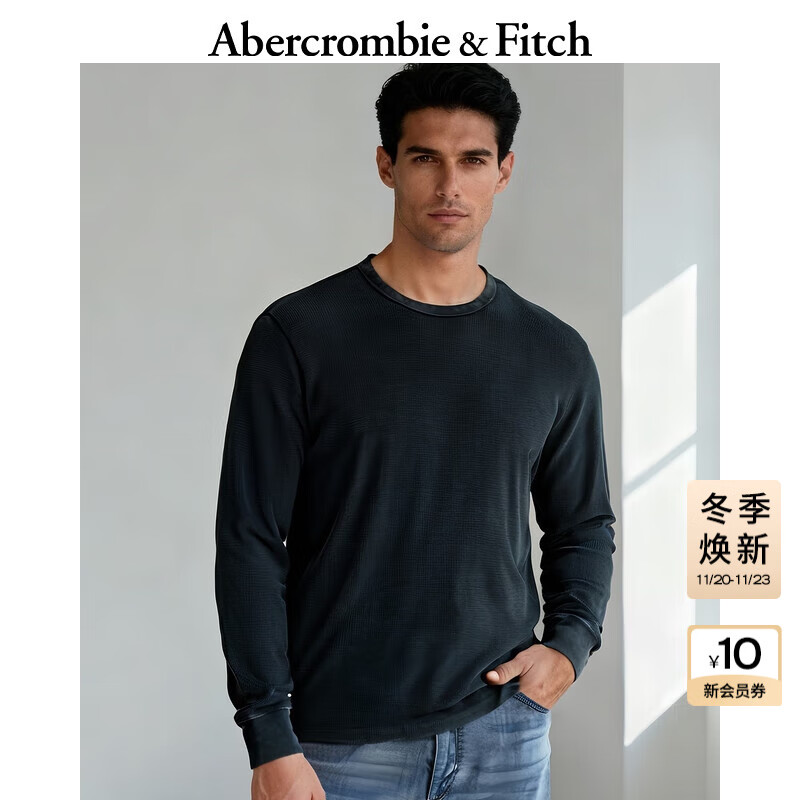 Abercrombie &amp; Fitch男装25春季美式复古舒适百搭宽松华夫格圆领长袖T恤124-4532 黑色 S (175/92A)