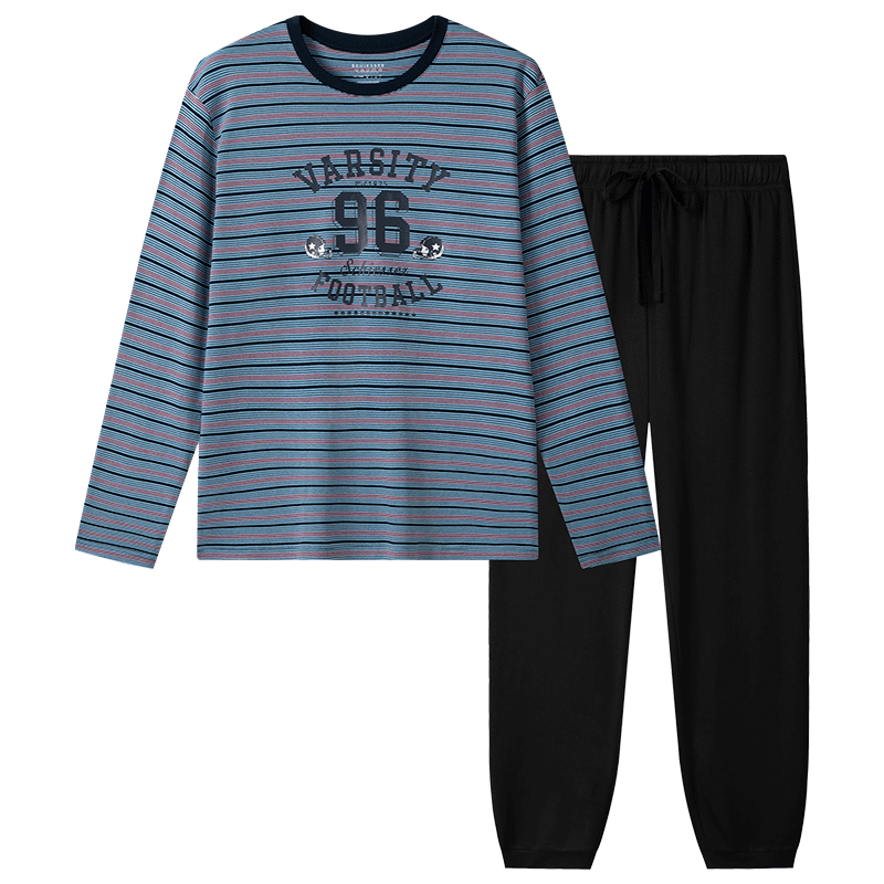 舒雅（Schiesser）男士純棉條紋圓領(lǐng)長(zhǎng)袖長(zhǎng)褲睡衣家居服套裝 中藍(lán) XL