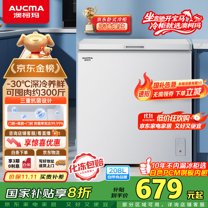澳柯玛（AUCMA）208升冰柜家用减霜小冷柜 冷藏柜冷冻柜转换 母婴母乳卧式冰箱一级能效 BC/BD-208HNE 国家补贴