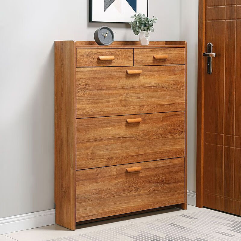 倘然之家进门口翻斗鞋柜家用17cm带抽屉衣帽架玄关柜大容量省空间鞋橱 柚木三翻带抽 长50宽17高120cm