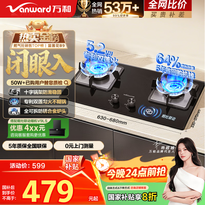 万和（Vanward）【蓝莲花B9·5.2kW】天然气燃气灶猛火烟灶联动以旧换新国家补贴20%嵌入式家用煤气双炉具台B9L50