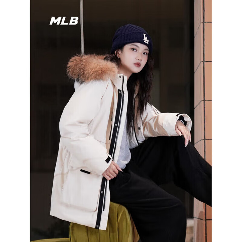 MLB男女张凌赫中长款户外时尚羽绒服加厚鹅绒工装风毛领服24秋冬 纽约洋基队/奶白色 XL