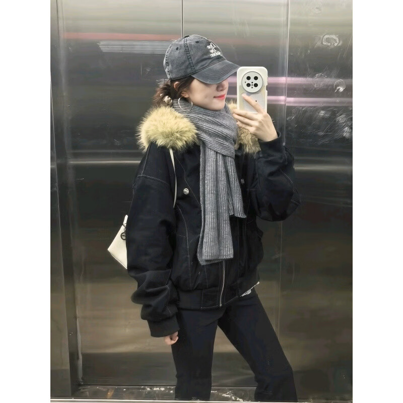 相伊恋人棉服女25年秋冬新款座山雕短款外套加绒加厚小个子派克服工装棉袄 灰绿色 L 【推荐115斤-130斤】