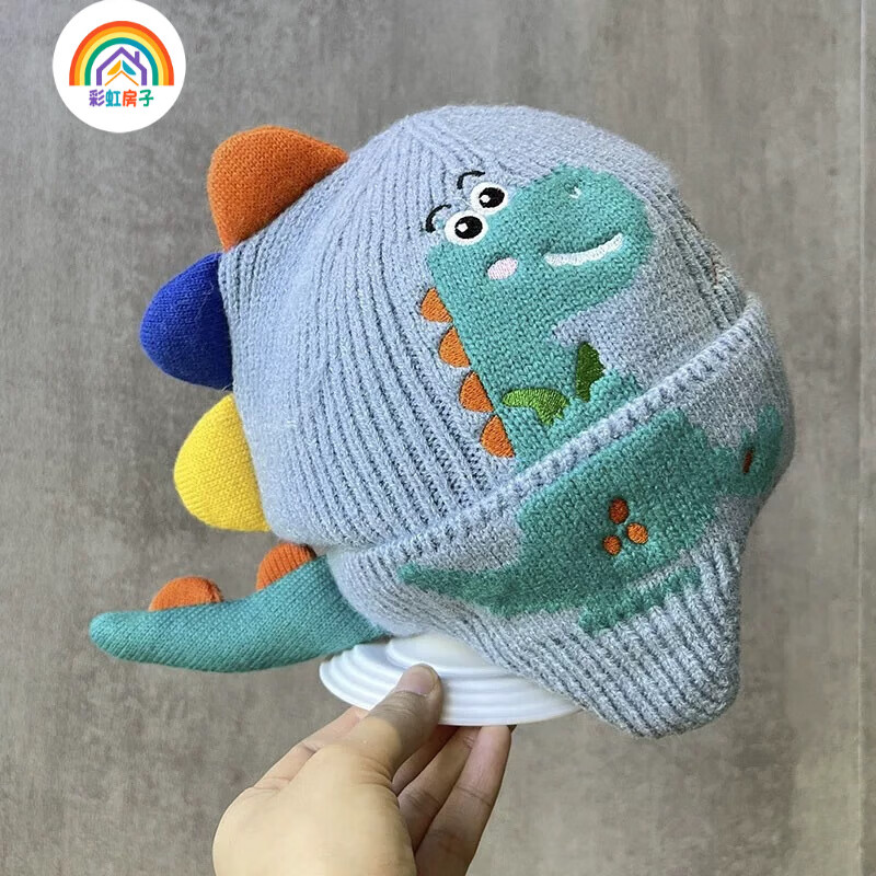 彩虹房子儿童新款秋冬季外出男女宝宝百搭保暖护加绒加厚耳帽合集 小恐龙护耳帽【米白色】参考1-3岁（46-54cm）