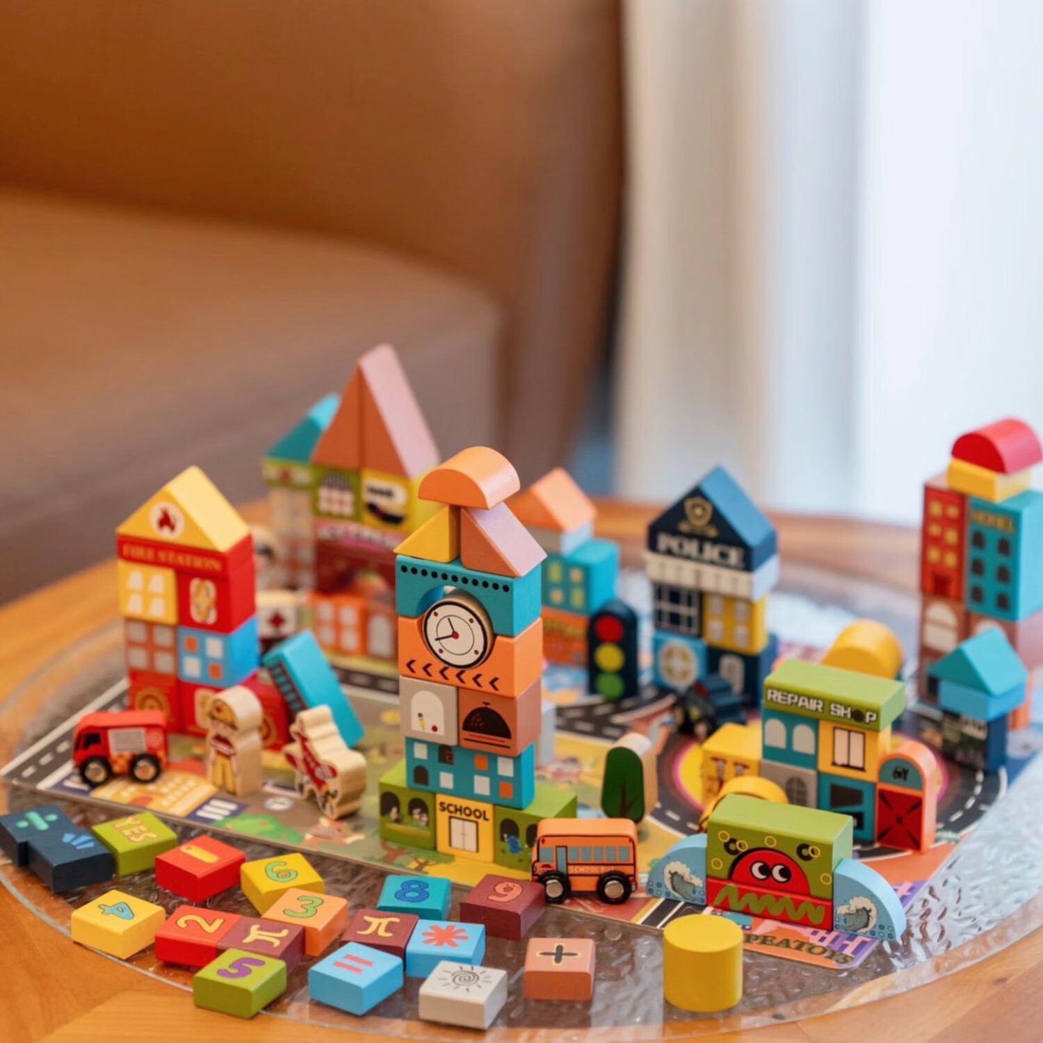 PEATOYS110粒大颗粒桶装纯实木带拼图城市主题积木婴幼儿早教玩具礼物 PEATOYS多巴城市积木