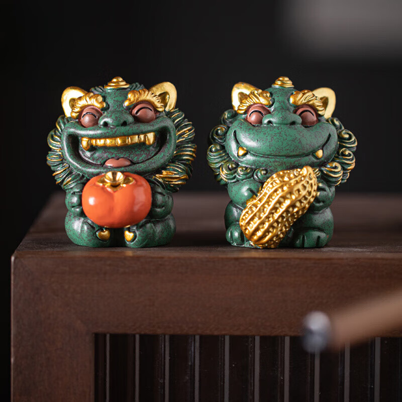 YWZR中式狮子茶宠摆件带底座茶桌茶台茶玩可爱系礼盒装送礼 22_前程似锦-元宝款_(千里江山礼盒装)