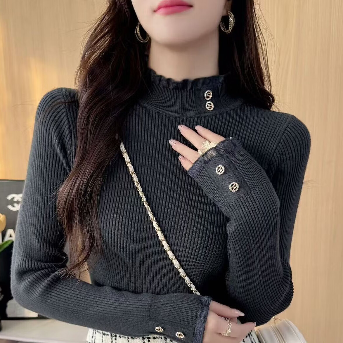 香影纯针织打底衫2025秋冬新款半高领毛衣女套头配大衣长袖修身纽扣上衣 黑色 3XL (建议135-150斤)