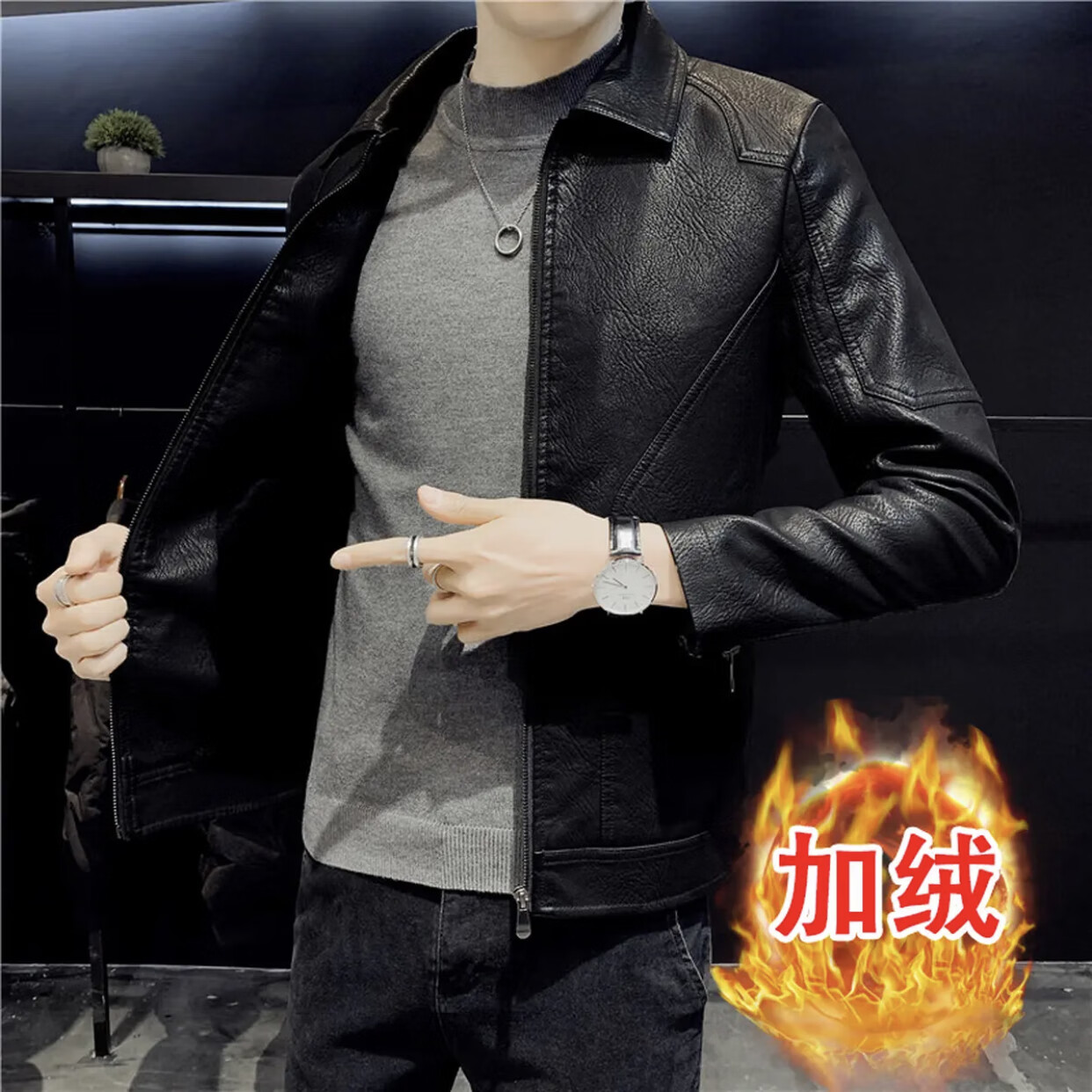 罗鸣老人【轻奢正品】男士春秋季机车皮夹克时尚潮流痞帅外套潮牌上衣男 黑色 【加绒】 M （建议90-110斤）