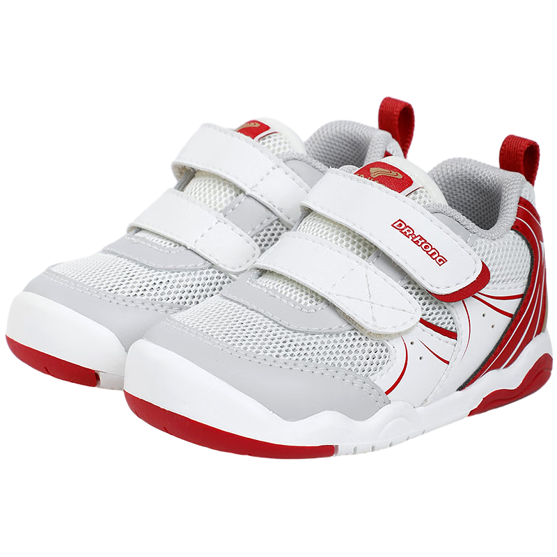 江博士（DR·KONG）春季男寶寶輕便透氣步前鞋 穿脫方便魔術(shù)貼嬰兒學(xué)步童鞋 白/灰/紅 19 腳長(zhǎng)10.7-11.3cm