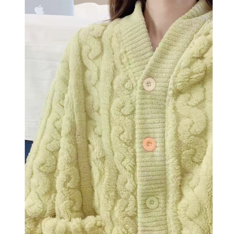 诗莉奥(SHILIAO)冬季加厚珊瑚绒毛毛睡衣女可外穿开衫两件套装纯 绿色小花 均码