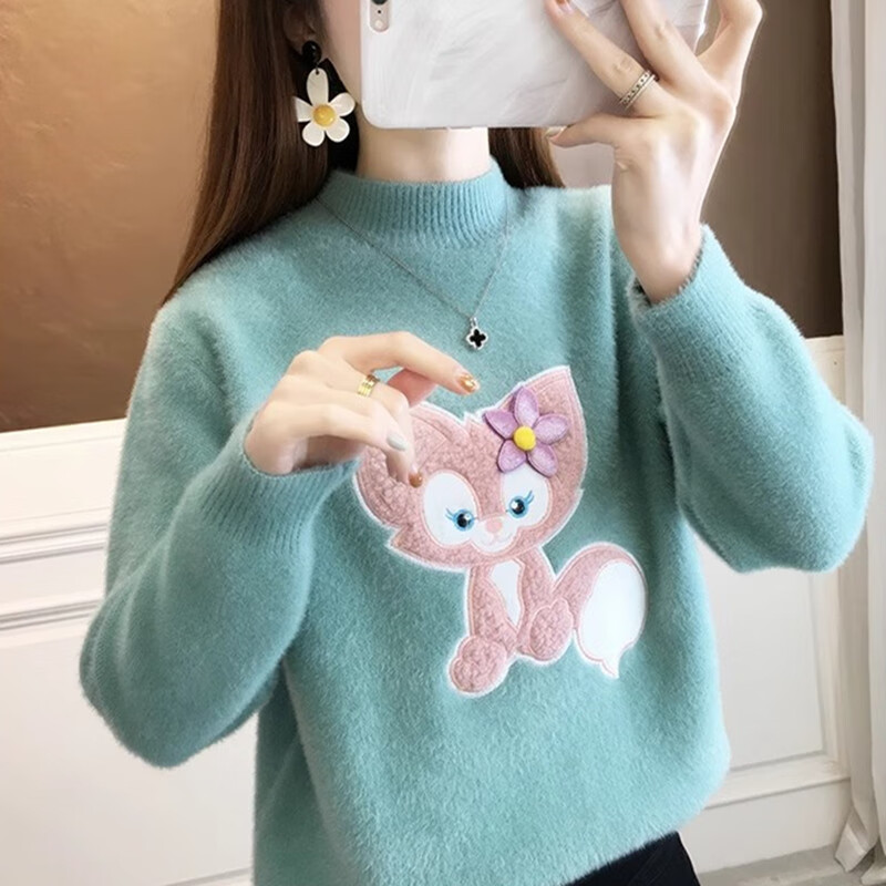 香影芬毛衣女秋冬2025年新半高领学院风百搭卡通甜美仿水貂绒针织打底衫 粉色 M (建议95-105斤)