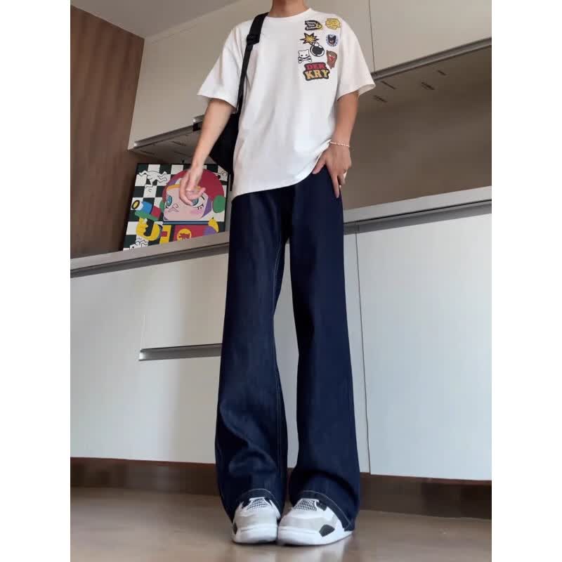 POUM美式复古丹宁风牛仔裤男款秋季潮牌高街cleanfit直筒弯刀微喇长裤 XGNNZ-C653深蓝色 3XL 推荐170-185斤