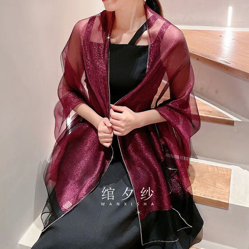 专柜款酒红色双层真丝丝巾钻桑蚕丝礼服旗袍披肩围巾长巾秋冬女款 酒