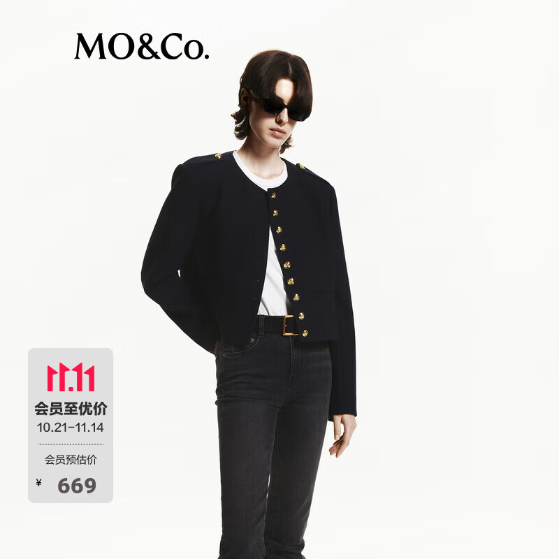 MO&amp;Co.毛呢外套美丽诺绵羊毛圆领垫肩肩袢短款箱型学院风摩安珂 蓝黑色 S 160