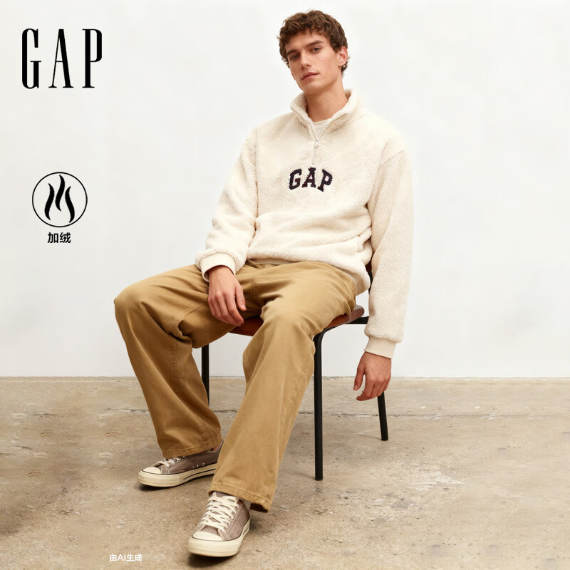 盖璞（GAP）男女装2025秋季新款logo刺绣宽松抱抱绒半拉链卫衣上衣788670 奶油米色 S (165/88A)亚洲尺码