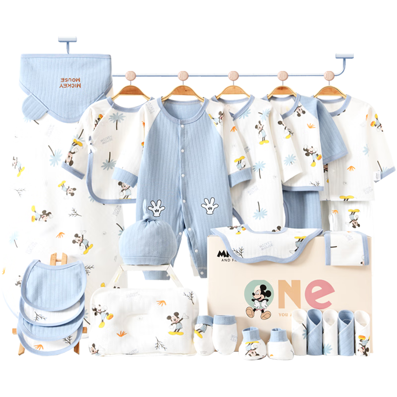 迪士尼嬰兒衣服禮盒純棉新生兒春夏秋冬男女寶寶滿月百天見面禮物用品 【四季款】藍(lán)色米奇26件套 66cm 適合3-6個月寶寶