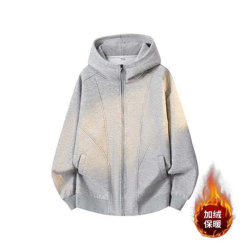 维路雅美式连帽加绒卫衣重磅男士2025新款男女休闲开衫情侣宽松潮流外套 灰色 均码 L