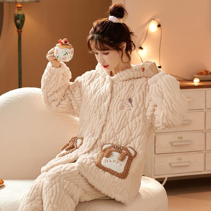 chunnian女士睡衣女冬季保暖珊瑚绒加厚加绒三层夹棉法兰绒带帽家居服套装 XEQN-2381【外套+裤子】 2XL
