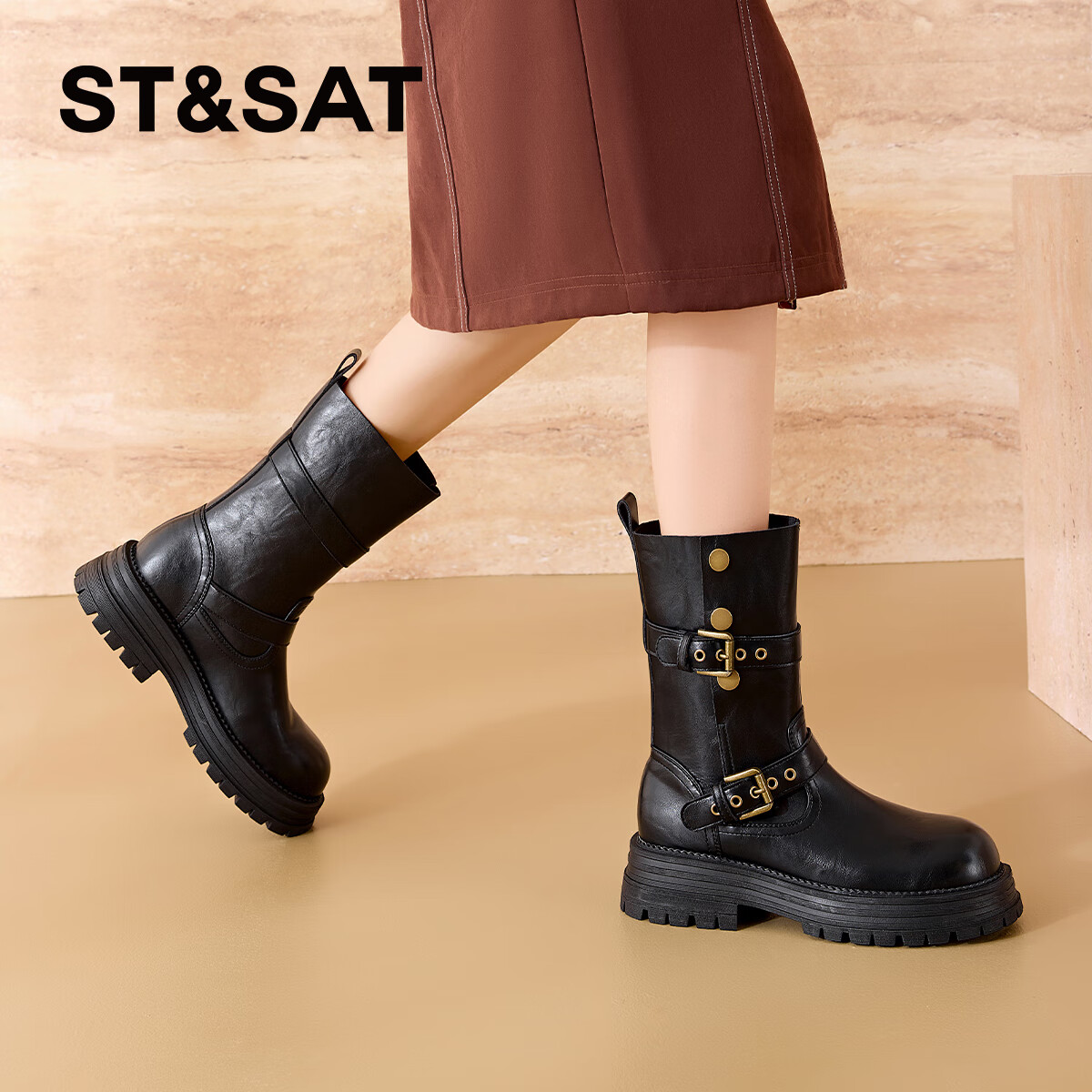 星期六马丁靴短靴女2025秋冬新款厚底美拉德瘦瘦短筒骑士靴西部靴 黑色 35