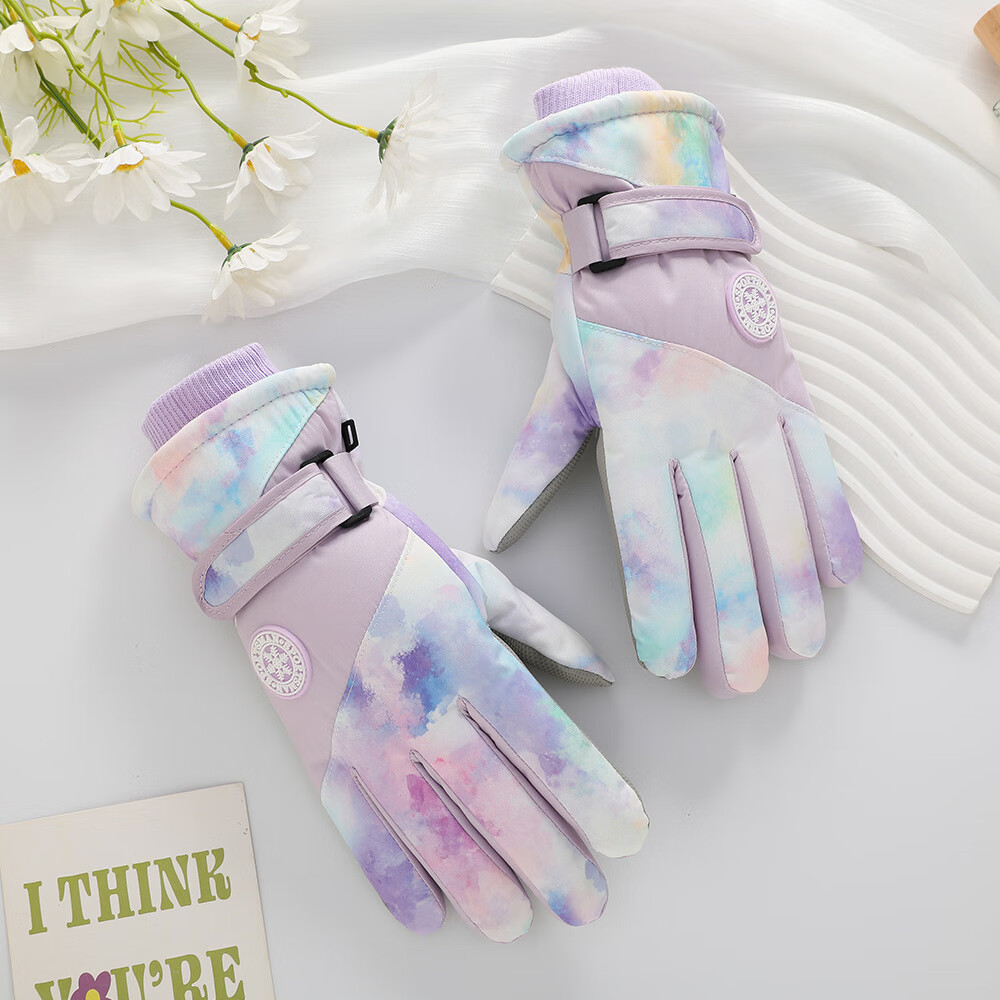 雪伦朵滑雪手套冬季女2025新防风触屏保暖骑行电动车棉手套加绒防寒防冻 幻彩紫