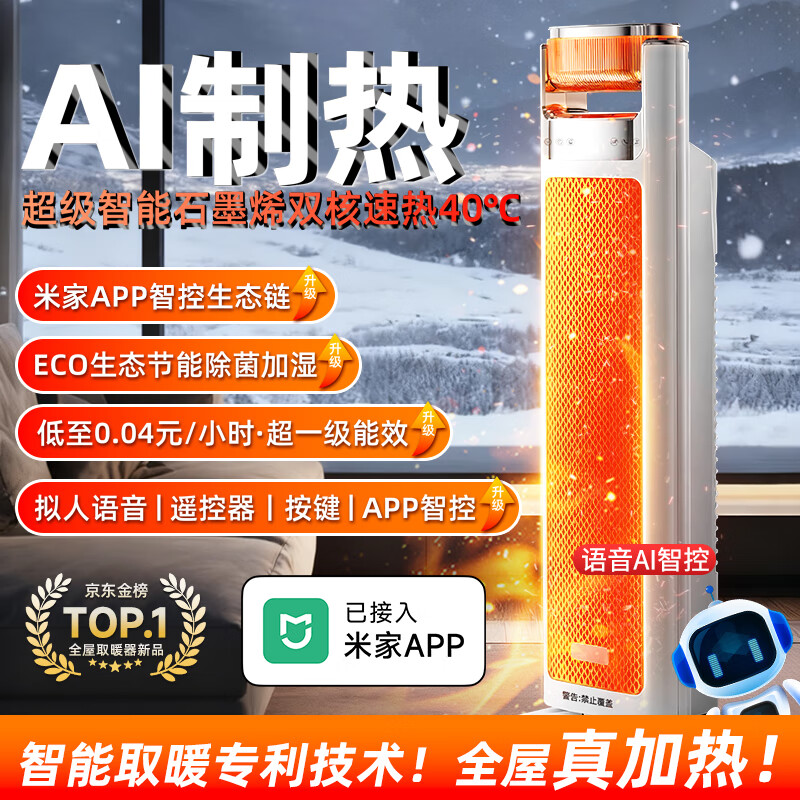 尚度【大面积全屋速热 | 超级节能省电王】电热取暖器暖风机石墨烯暖气100平方家用浴室卧室静音小太阳 旗舰版丨米家APP远程| 超大面积速热 |AI智能省电 25年新款丨工厂直营丨5年质保丨90天免费退换