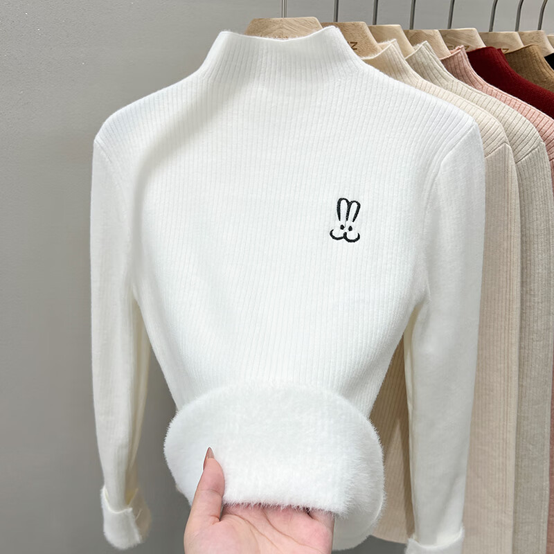 香影芬半高领一体绒毛衣女秋冬新款加绒加厚内搭打底针织衫保暖套头上衣 杏色 S (建议95斤以内)